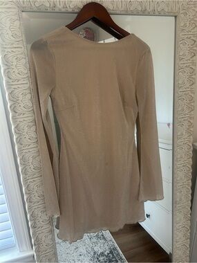 Backless Long Sleeve Shimmery Beige Mini Dress
